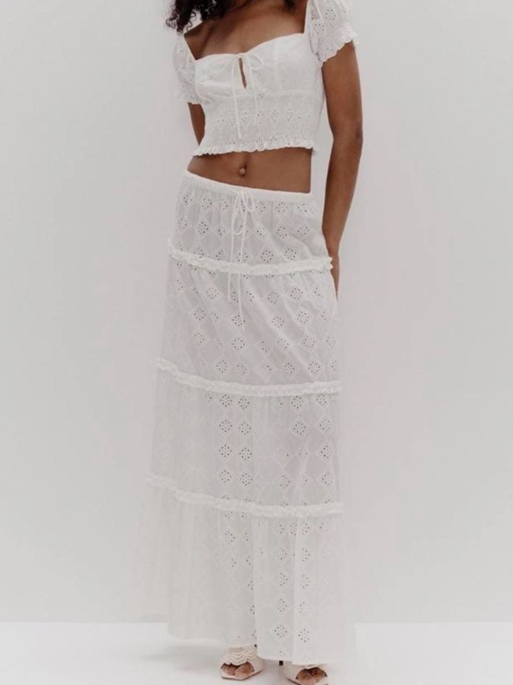 White Eyelet Tiered Maxi Skirt